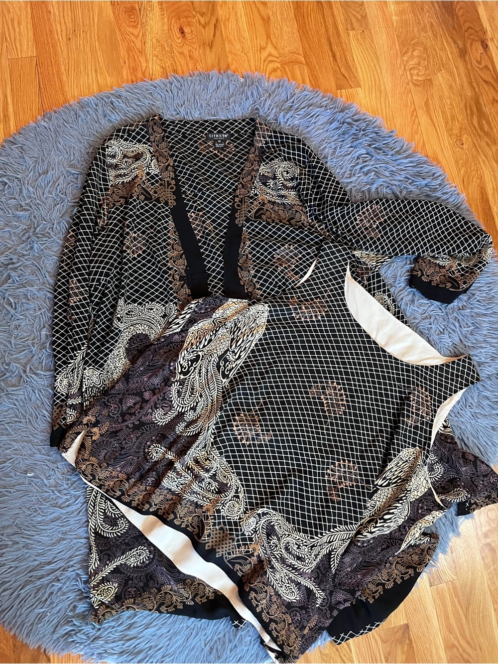 Citron Black Cream Paisley  Silk Two Piece Coord Set Top Cardigan Size 3X